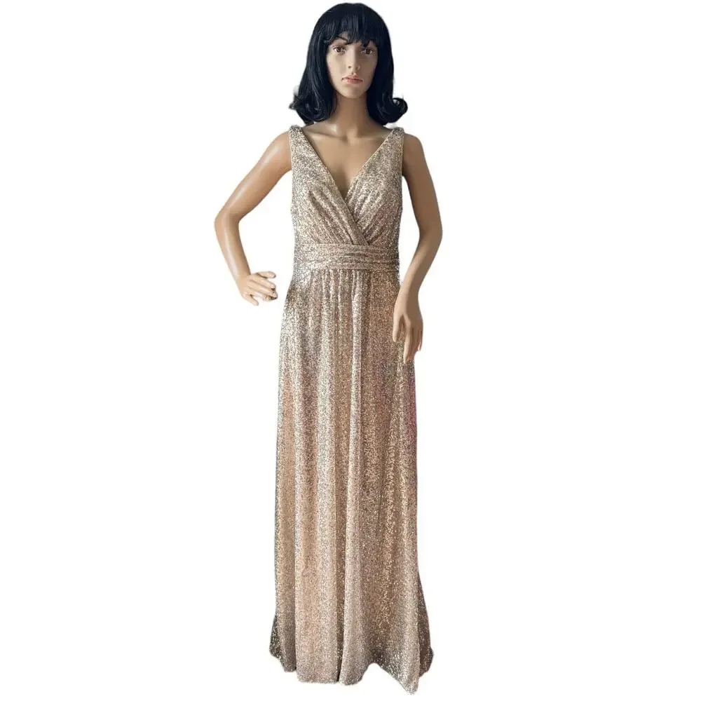 David's Bridal sequin v-neck bridesmaid dress with satin piping gold size 8